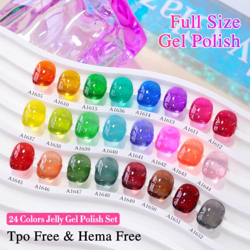 Double Rhythm 28Pcs 0.5Oz Gel Nail Polish Set Same Color Same Bottle Gel Polish Kit Nail Art Manicure Salon DIY at Home for Women (Neon Jelly Sheer Collection-T24-11) - color: Bright Red Green Blue