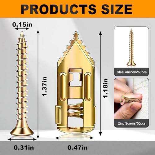 50 Set Self Drilling Drywall Anchors and Screws,Dry Wall Anchors Heavy Duty,Screws and Anchors Repair Tools for Wet and Drywall Fixing Picture,Furniture,Flags,Outdoor Decor-1.18inch