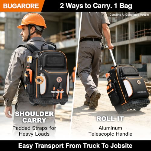 16" Rolling Tool Backpack with Wheels, 75 Pockets Electrician Tool Bag for Construction HVAC, 1680D Waterproof, Molded Base & Combination Lock - color: Black