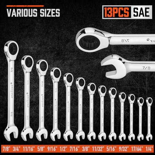 HORUSDY 13-Piece Sturdy Ratcheting Wrench Set | SAE 1/4''–7/8'' | Max Torque Ratchet Combination Wrenches Set with Storage Rack | 72-Tooth | Chrome Vanadium Steel - style: 13pcs SAE Ratchet Wrench Set