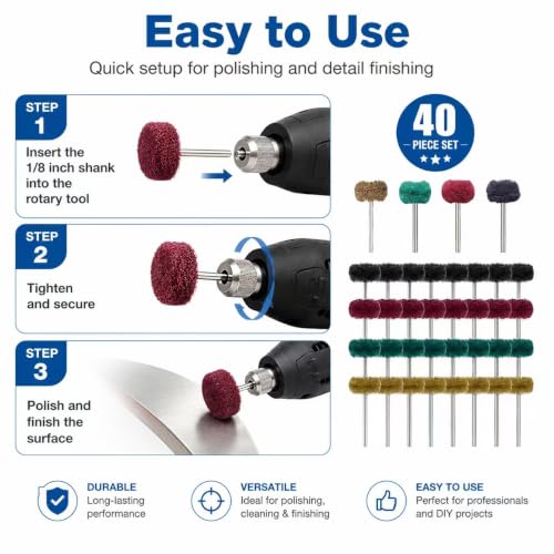 40-Piece Abrasive Conditioning Polishing Buffing Wheel Set, 1 Inch with 1/8 Inch Shank, for Rotary Tools