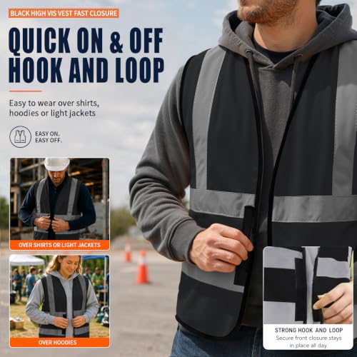 AYKRM 12 colour High visibility viz vest hi vis viz reflective work construction safety vest (XS-8XL) - color: Black, size: Medium