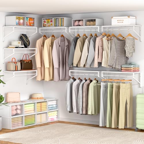 ThreeHio Expandable Closet Shelves Wall Mounted, 2 Pack Closet Shelving with Hanging Rods, Wall Shelving for Walk-in Closet, Hanging Shelves Organizer and Storage for Closet, Laundry - size: 2 Pack