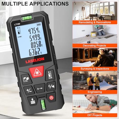 LT100 Laser Measure, 328ft/100m Laser Measurement Tool, with 2 Bubble Levels, Measuring Tool 4 Units Conversion、LCD Backlit Display, IP54 Waterproof, Pythagorean Mode for Distance, Area, Volume - size: 328ft