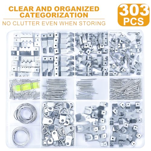 KURUI 303Pcs Picture Hanging Kit, Picture Hangers Assorted Kit with Heavy Duty Wall Hooks, Sawtooth, Picture Wire, D Rings, Hardware Nails, Eye Hooks, Silver Heavy Duty Frame Hooks (Pack of 2) - size: Silver (Pack of 2)