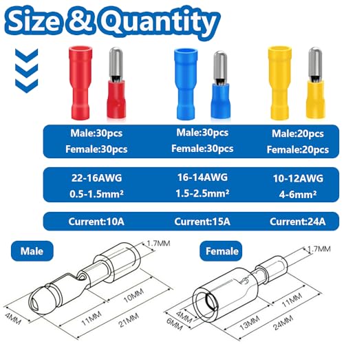 smseace 160PCS Bullet Wire Connectors Assortment Kit 22-16/16-14/12-10AWG Female&Male Bullet Connectors Terminal for Automotive Boat Stereo Industrial Equipment - size: 160Pcs