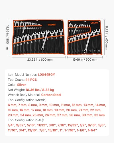 VEVOR Combination Wrench Set, 44-Piece SAE and Metric - size: 44PCS (Metric&SAE), style: Regular