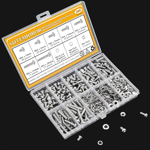 385 Pieces M4 Machine Screws Nuts Washers Set, Sutemribor M4 x 5/6/8/10/12/16/20mm Phillips Pan Head Machine Screws Nuts Washers Assortment Kit, 304 Stainless Steel, Fully Threaded - size: M4, style: Phillips Pan Head