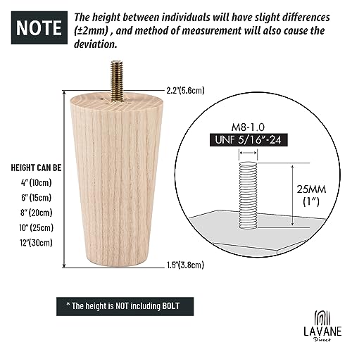 La Vane 8 inch Ash Wood Tapered Furniture Legs 4-Pack with 5/16" Thread | Unfinished Ash Wood with Straight Grain, 400lb Load Capacity, Hardware inclu., Mid-Century Modern, Upgrade for Sofa Cabinet - color: Tapered, size: 8"