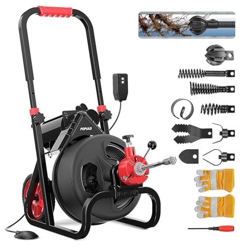 POPULO 75 ft x 1/2 inch Upgraded Electric Sewer Drain Snake Auger with 8 Cutters and 1 Root Killer, for 2-4 inch Pipes, Auto Feed Plumbing Drain Cleaner Machine, PEDC-75 Generation Two - style: 75ft x1/2inch