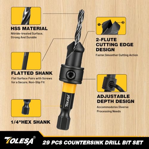 TOLESA Countersink Drill Bit Set, 29 PCS Counter Sink Drill Bit for Wood with 2PC Wood Plug Cutters, Magnetic Extension Bit Holder, Screwdriver Bits, Storage Case