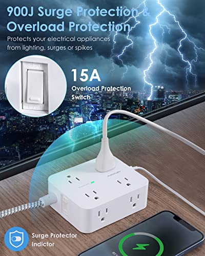 HANYCONY 6Ft Surge Protector Power Strip USB C, 1080J, 8 Outlet Extender - color: White, size: 6ft