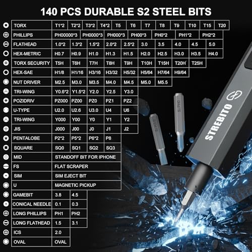 STREBITO Electric Screwdriver, 155 in 1 Precision Electric Screwdriver Set | Upgraded 5 Torque & Indicator, 140 S2 Magnetic Bits, 500mAh Battery, Electronics Tool Kit for RC, Computer, PC, Laptop, Phone - color: Upgraded-black