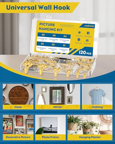 Uniclife 120 Pcs Picture Hanging Kit, 10 lb, 20 lb, 30 lb, 50 lb, 75 lb, 100 lb Heavy Duty Picture Hangers for Drywall & Wood, Picture Hanging Hooks, Frame Hooks for Hanging Photos Mirrors Paintings - size: 120 Pcs, style: Gold