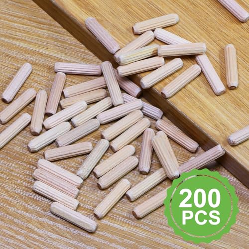 1/4" x 1" Wooden Dowel Pins, FoDau770 Fluted Wood Dowel Rods, Natural Beech Wood Dowel Pegs for Crafts, Woodworking, DIY Furniture - 200 Pieces - size: 1/4" x 1"