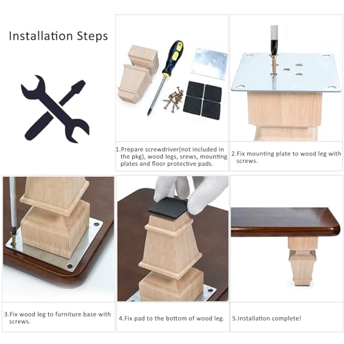6 Inch Wooden Furniture Legs with Mounting Plates Screws Set of 4 Solid Wood Unfinished European Style Replacement Furniture Feet for Couch Cabinet Sofa Ottoman TV Stand Home DIY Projects (6 inch) - color: 6 Inch