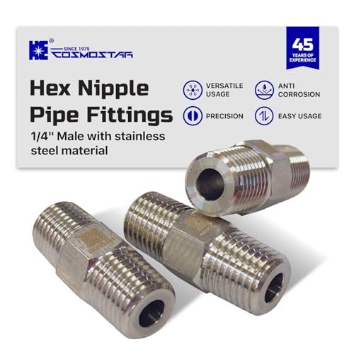 Cosmostar 3 PCS 1/4" Male Hex Nipple Pipe Fittings, 304 Stainless Steel NPT Threaded Pipe Adapter, Compact Heavy Duty Fittings for Air, Fuel & Water Lines - size: 1/4 NPT-3pcs