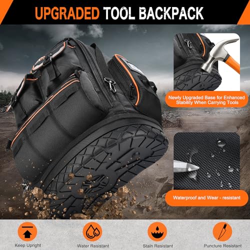 Tool Backpack with 2 Small Tool Bags – LOKASS Heavy Duty Backpack Tool Bag with Molded Base,1680D Tool Organizer with Laptop Compartment & Combination Lock, Water-Resistant Electrician & HVAC Tool Bag - color: Dark Black