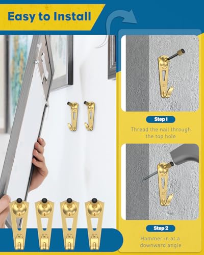 Uniclife 25 Pcs 30 lb Heavy Duty Picture Hangers for Drywall & Wood, Picture Hanging Hooks with Nails, Picture Hanging Hardware, Frame Hooks Picture Hooks for Hanging Photos Mirrors Paintings - size: 25 PCS, style: Gold