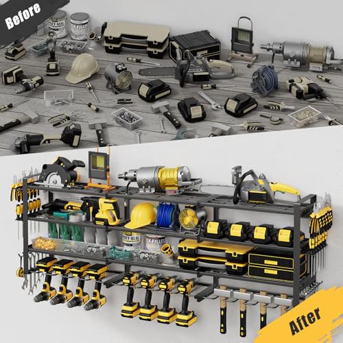 49''W Power Tool Organizer Wall Mount, 650LBS, 4 Tier, 12 Drill Holders - size: 49.4" Width 4-Tier