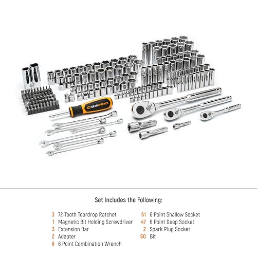 GEARWRENCH 185 Piece 1/4”, 3/8” & 1/2" Drive 72-Tooth SAE/Metric Mechanics Hand Tool Set - size: 185 Piece, style: SAE/Metric