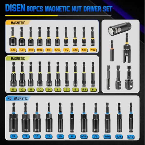 DISEN 80-Pieces Magnetic Impact Nut Driver Set Metric & SAE