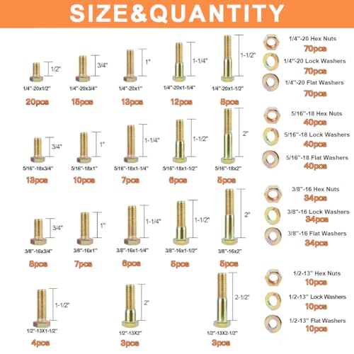 612pcs Heavy Duty SAE Grade 8 Bolts and Nuts Kit, 1/4-20,5/16-18,3/8-16,1/2-13 Bolt Assortment Kit Including Nuts Washers, Yellow Zinc Plated - size: 612 PCS 1/4-20, 5/16-18, 3/8-16, 1/2-13