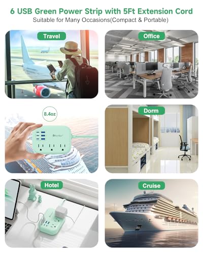 6 USB (3 USB C) Green Travel Power Strip, 5Ft Extension Cord, 3 Outlets - size: 5 FT(Green-24W)