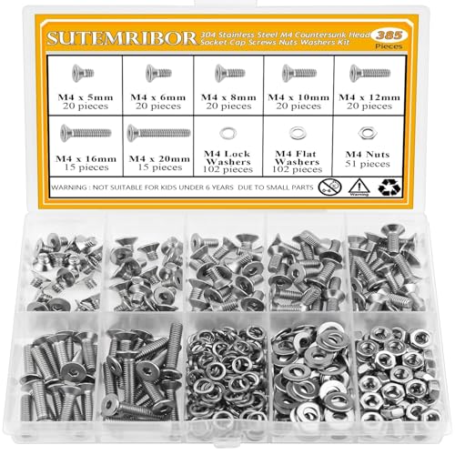 385 Pieces M4 Screws Nuts Washers Set, Sutemribor M4 x 5/6/8/10/12/16/20mm Countersunk Head Socket Cap Screws Nuts Washers Assortment Kit, 304 Stainless Steel, Fully Threaded - size: M4, style: Countersunk Head Socket Cap