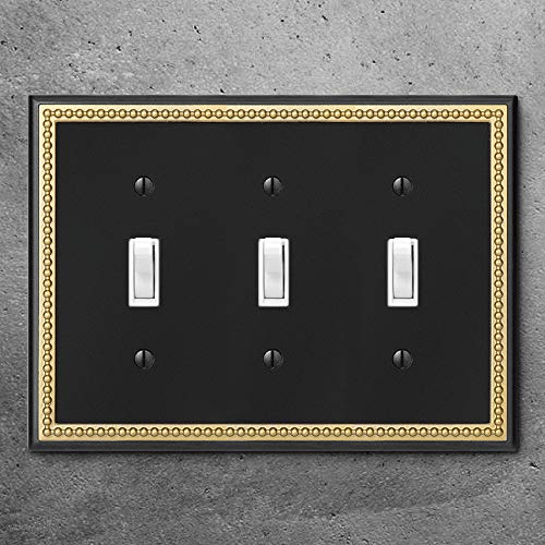 Pearled Frame Decorative Wall Plate Switch Plate Outlet Cover (Triple Toggle, Black & Dark Golden) - style: Triple Toggle