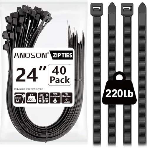 Large Zip Ties Heavy Duty Outdoor 24 inch (40 Pack), Heavy Duty Zip Ties 220 lbs, Black, by ANOSON - size: 24"/40 pk (220 Lb)