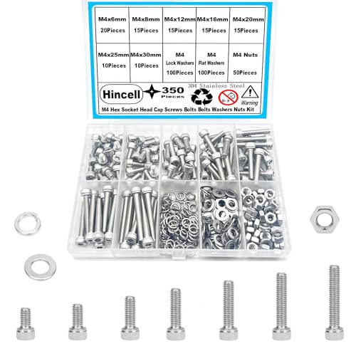 M4 Bolts,Hincell 350pcs M4 Hex Socket Head Cap Screws Bolts Washers Nuts Kit,304 Stainless Steel(M3 x 6mm /8mm /12mm /16mm /20mm /25mm /30mm) - size: M4, style: Socket Head Screws