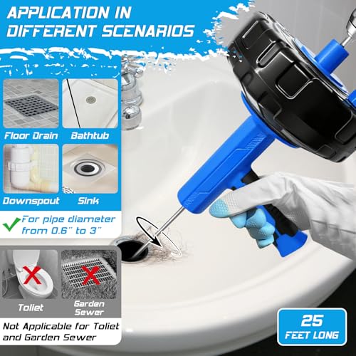 25FT Auto Feed Drain Snake Auger Drill or Manual Hair Clog Remover