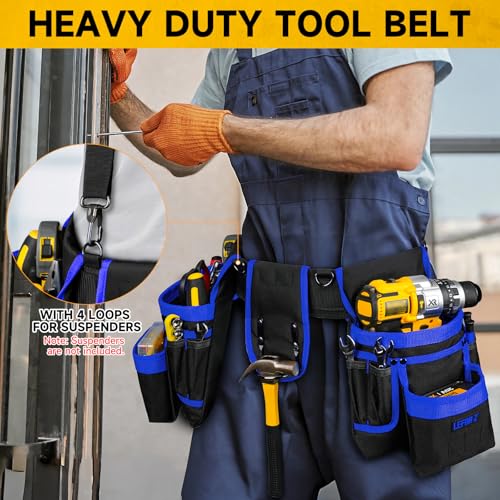 Tool Belt with 4 D-Rings,27-Pockets Tool Belts for Men,Construction - color: Blue & Black, size: 27 Pockets with Magnet Pouch