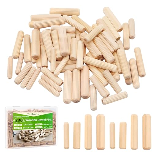 230Pcs Wooden Dowels Assorted M6 M8 M10 Fluted Wood Dowels Rods Grooved Plugs Hard Wood Crafts Dowel Pegs Woodwork Pin for Crafts, Furniture, DIY Manual,Carpentry (3/8 + 5/16 + 1/4in) - size: 4 sizes-230pcs