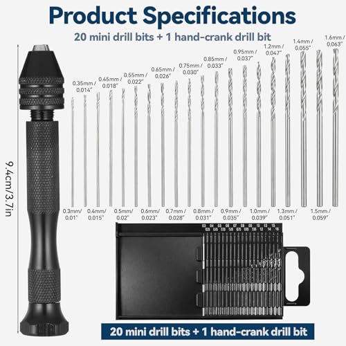 21PCS Metric Mini Micro Drill Bit Set, Carburetor Jet Drill Bits 0.3-1.6 mm Pin Vise Hand Drill Set Small Jeweler's Chuck Vice Twist Drills Bits with Case for Wood DIY Jewelry Making Beads