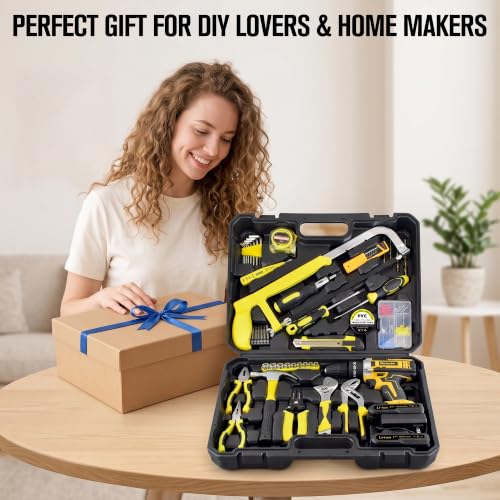 165-Piece Home Tool Kit with Drill,21V Cordless Drill Tool Set with 2 Batteries,Household Tools Kit for Home Repair and DIY Projects - size: 165 Pcs