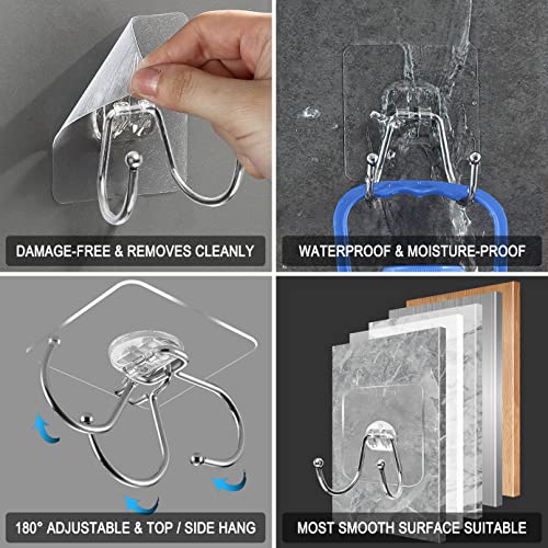 15 Pack Large Double Adhesive Wall Hooks, Damage-Free Waterproof 33 Ib Max Heavy Duty Hanging Clear Seamless Sticky Utility Hooks, Towel Coats Hats Clothes Nail Free Hangers (Twin Round Head) - color: 02 Double Large Hook