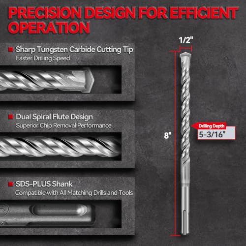 SALI Rotary Hammer Drill Bits 1/2"*8" 10 Pcs Rotary Hammer Drill Bits Concrete Masonry Hole Tool with Storage Case for Concrete, Stone, Brick - size: 1/2"*8"