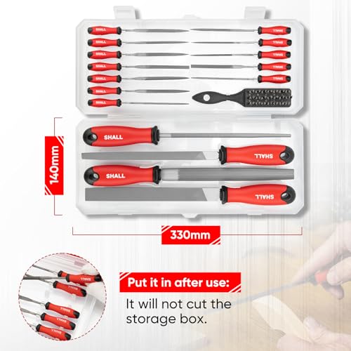 SHALL 17Pcs Metal File Set - Premium Grade T12 Drop Forged Alloy Steel - Flat/Triangle/Half-round/Round Large File & 12pcs Needle Files with Storage Box, Wire Brush - for Metal, Wood & Plastic
