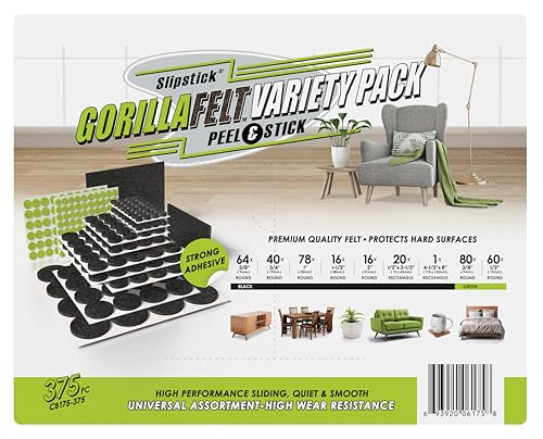 Slipstick Gorilla Felt Furniture Pads (375 Piece Variety Pack) Premium Furniture Pads & Chair Leg Floor Protectors for Hardwood Floors & Hard Surfaces - size: 375 Piece Variety Pack