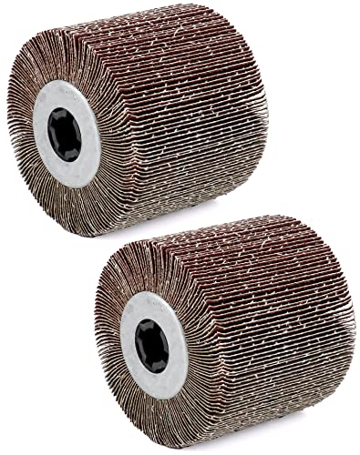 QWORK Flap Sanding Wheel, 2 Pack Wire Drawing Polishing Wheel, Aluminum Oxide Drum Burnishing Brush, 4.5" x 4" with 3/4"-4 Keyway (60 grit), Remove Rust/Weld Burr/Grinding, WD10347