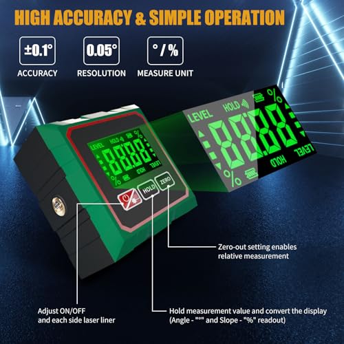 Digital Angle Finder with Laser, 4 Side Magnetic Inclinometer