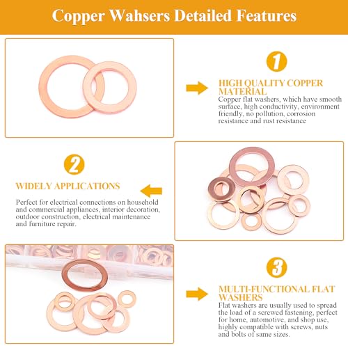 228 Pieces 10 Sizes Copper Washers Kit - Metric Flat and Sealing Metal Washers (M5 M6 M8 M10 M12 M14 M16) - color: Copper