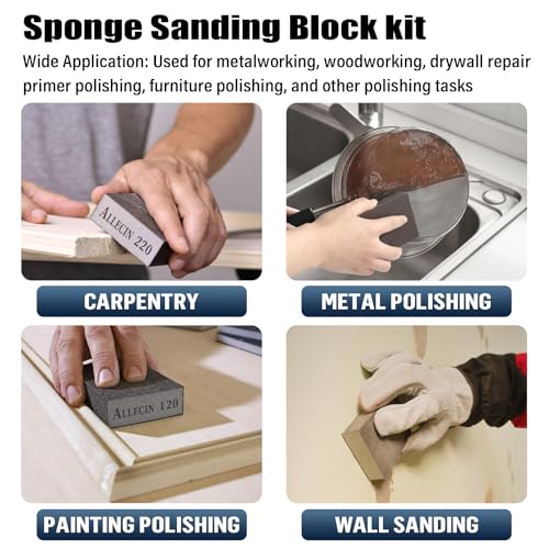 Sanding Sponge 60 80 100 120 150 180 220 Grit Reusable and Washable Wet Dry Sand Block Coarse Medium Fine Sandpaper Blocks for Wood Drywall Metal Crafts (Pack of 7 Pcs)