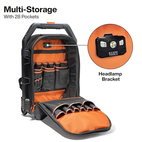 Klein Tools 55604 Rolling Tool Backpack, Tool Bag with 28 Pockets, Heavy Duty Retractable Handle, Large Storage Interior, 3-Inch Wheels - size: Rolling Tool Backpack