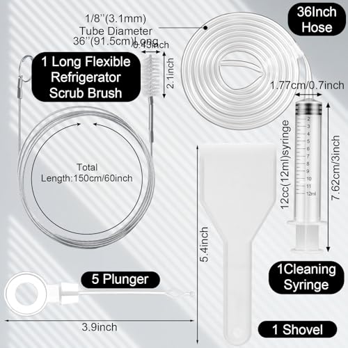 Gisafai 9 Pcs 36 Inch Refrigerator Cleaning Kit Fridge Drain Cleaning Tool Including 1 Syringe Hose 5 Plunger 1 Shovel 1 Long Flexible Refrigerator Scrub Brush for Ice Maker Dispenser