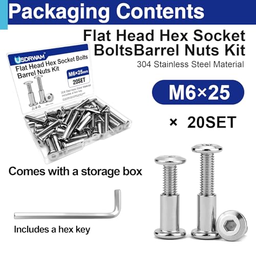 20 Sets M6 x 25mm Barrel Nuts and Bolts, Hex Socket Binding Screws - size: 20 Sets M6 x 25 mm