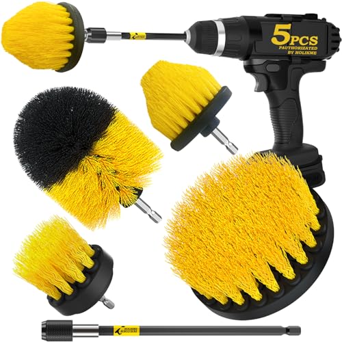 Holikme 5Pack Drill Brush Set with Extension for Car & Bath Detailing - color: Yellow