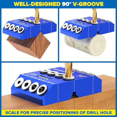 BLEKOO Angled Drill Guide Jig with Level, Drill Guide with 4 Bits for Wood Posts & Cable Railing Lag Screw Kit, Durable All Metal Drill Jig for Drilling 30°, 45°, 90° Degree Angle Holes (Blue-Level) - color: Blue-level
